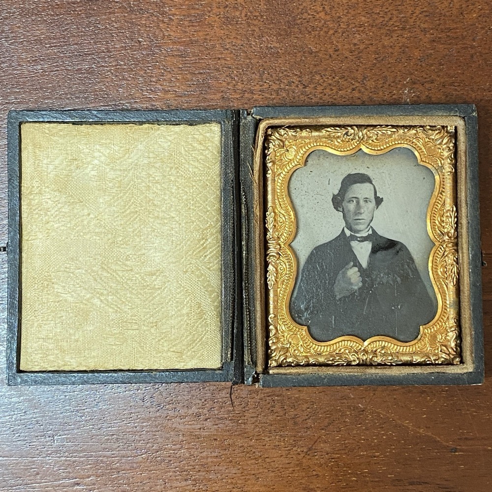 Antique 1/9 Plate Tintype Portrait Young Man in Embossed Case 19th Century